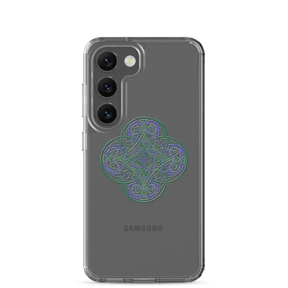 A Samsung Galaxy S23 with a Xigfireon clear phone case featuring the Living Colour iteration of the Reach Of The Spirit Celtic knot design. The Reach Of The Spirit Celtic knot design represents Mother Earth.