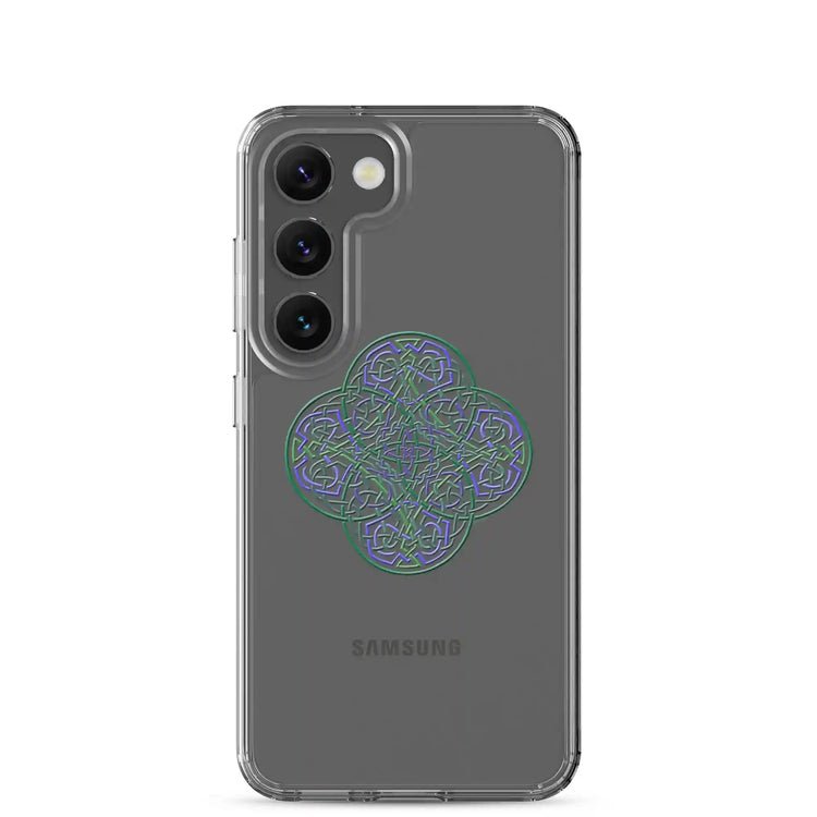 A Samsung Galaxy S23 with a Xigfireon clear phone case featuring the Living Colour iteration of the Reach Of The Spirit Celtic knot design. The Reach Of The Spirit Celtic knot design represents Mother Earth.