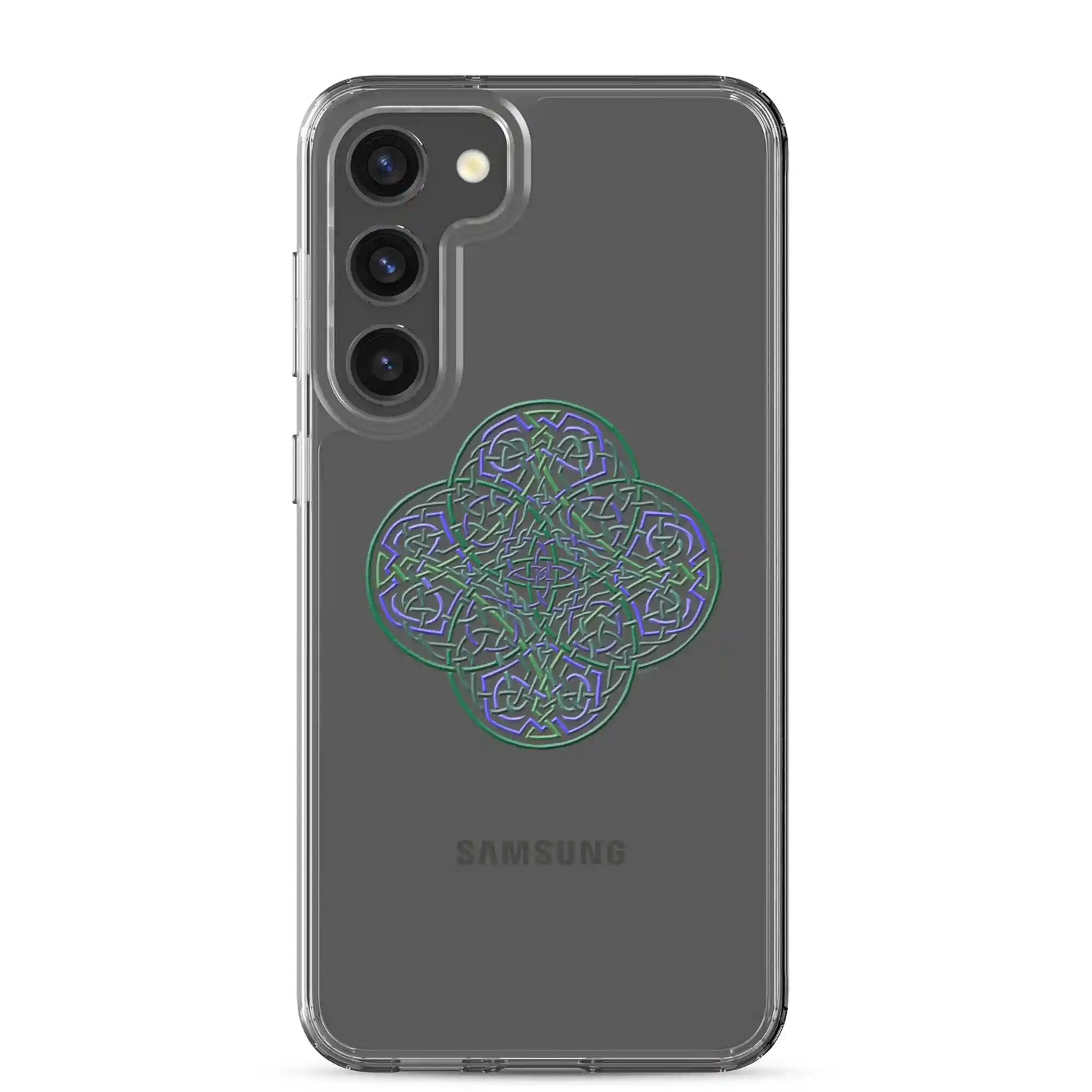 A Samsung Galaxy S23 Plus with a Xigfireon clear phone case featuring the Living Colour iteration of the Reach Of The Spirit Celtic knot design. The Reach Of The Spirit Celtic knot design represents Mother Earth.