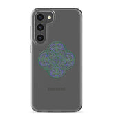 A Samsung Galaxy S23 Plus with a Xigfireon clear phone case featuring the Living Colour iteration of the Reach Of The Spirit Celtic knot design. The Reach Of The Spirit Celtic knot design represents Mother Earth.