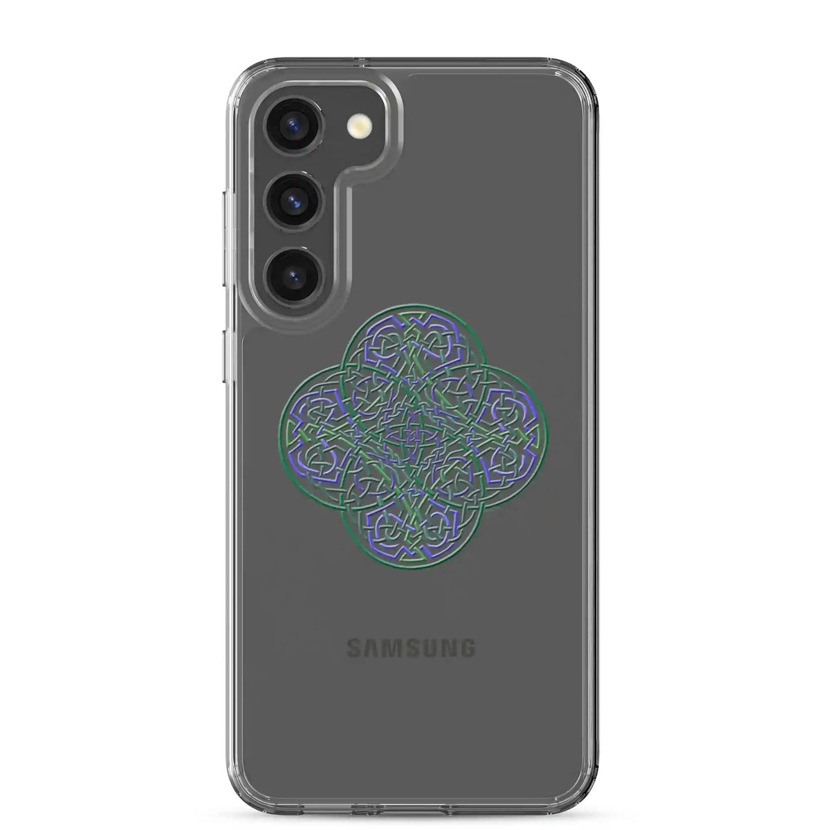 A Samsung Galaxy S23 Plus with a Xigfireon clear phone case featuring the Living Colour iteration of the Reach Of The Spirit Celtic knot design. The Reach Of The Spirit Celtic knot design represents Mother Earth.