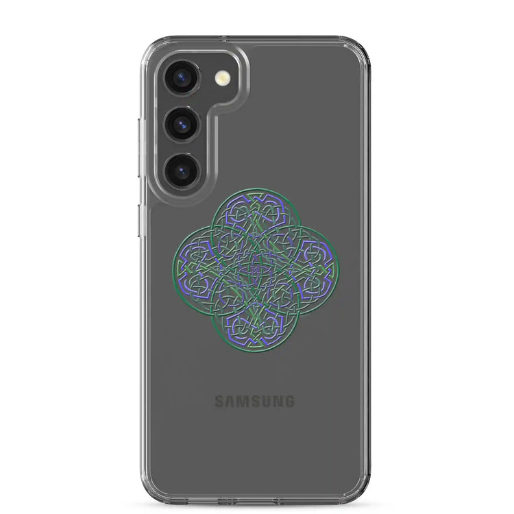 A Samsung Galaxy S23 Plus with a Xigfireon clear phone case featuring the Living Colour iteration of the Reach Of The Spirit Celtic knot design. The Reach Of The Spirit Celtic knot design represents Mother Earth.