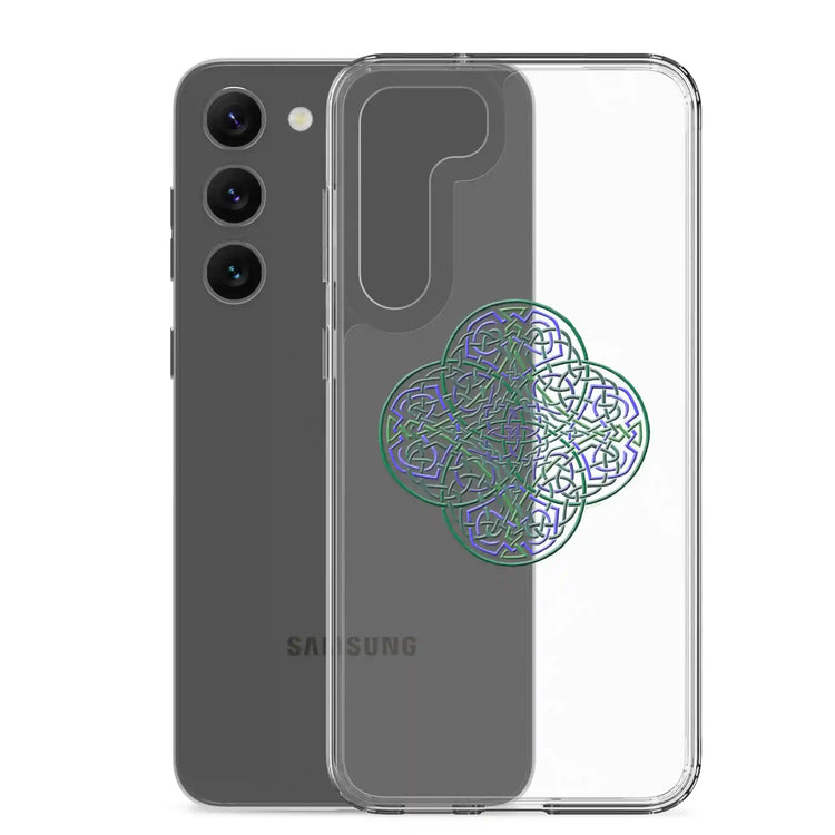 A Samsung Galaxy S23 Plus behind a Xigfireon clear phone case featuring the Living Colour iteration of the Reach Of The Spirit Celtic knot design. The Reach Of The Spirit Celtic knot design symbolizes Mother Earth.