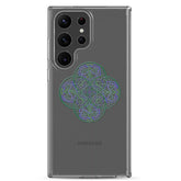 A Samsung Galaxy S23 Ultra with a Xigfireon clear phone case featuring the Living Colour iteration of the Reach Of The Spirit Celtic knot design. The Reach Of The Spirit Celtic knot design represents Mother Earth.