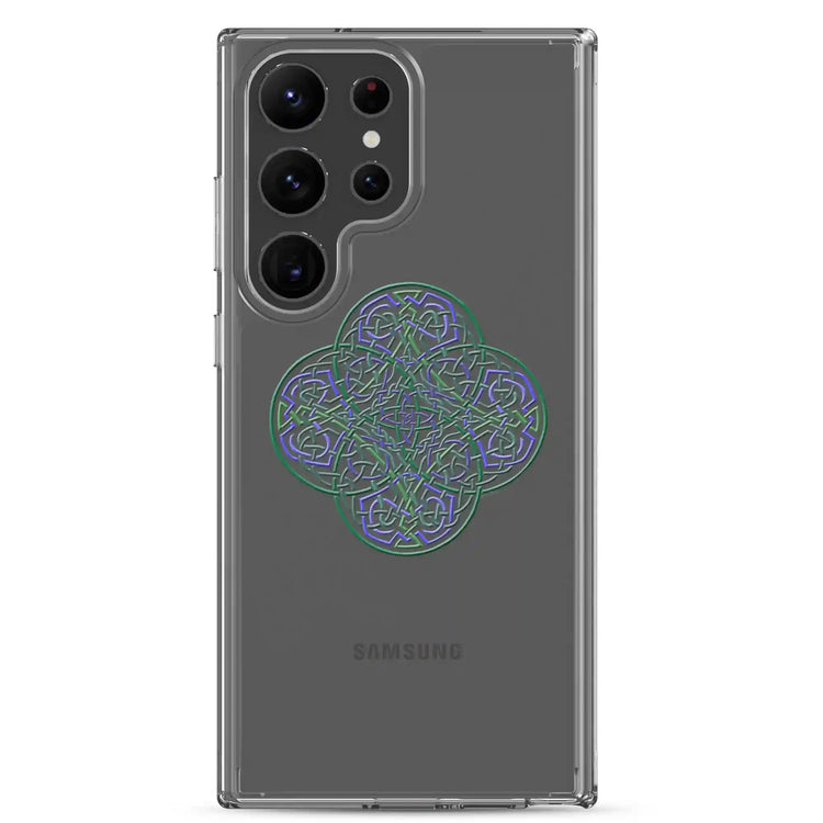 A Samsung Galaxy S23 Ultra with a Xigfireon clear phone case featuring the Living Colour iteration of the Reach Of The Spirit Celtic knot design. The Reach Of The Spirit Celtic knot design represents Mother Earth.
