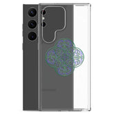 A Samsung Galaxy S23 Ultra behind a Xigfireon clear phone case featuring the Living Colour iteration of the Reach Of The Spirit Celtic knot design. The Reach Of The Spirit Celtic knot design symbolizes Mother Earth.