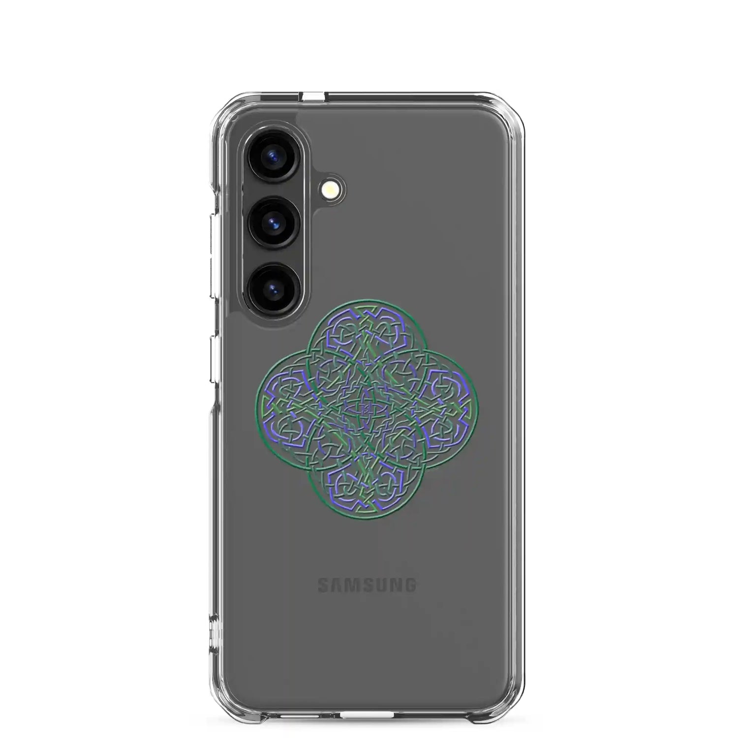 A Samsung Galaxy S24 with a Xigfireon clear phone case featuring the Living Colour iteration of the Reach Of The Spirit Celtic knot design. The Reach Of The Spirit Celtic knot design represents Mother Earth.