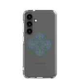 A Samsung Galaxy S24 with a Xigfireon clear phone case featuring the Living Colour iteration of the Reach Of The Spirit Celtic knot design. The Reach Of The Spirit Celtic knot design represents Mother Earth.