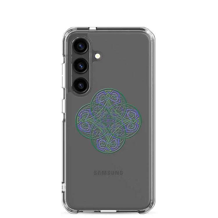 A Samsung Galaxy S24 with a Xigfireon clear phone case featuring the Living Colour iteration of the Reach Of The Spirit Celtic knot design. The Reach Of The Spirit Celtic knot design represents Mother Earth.