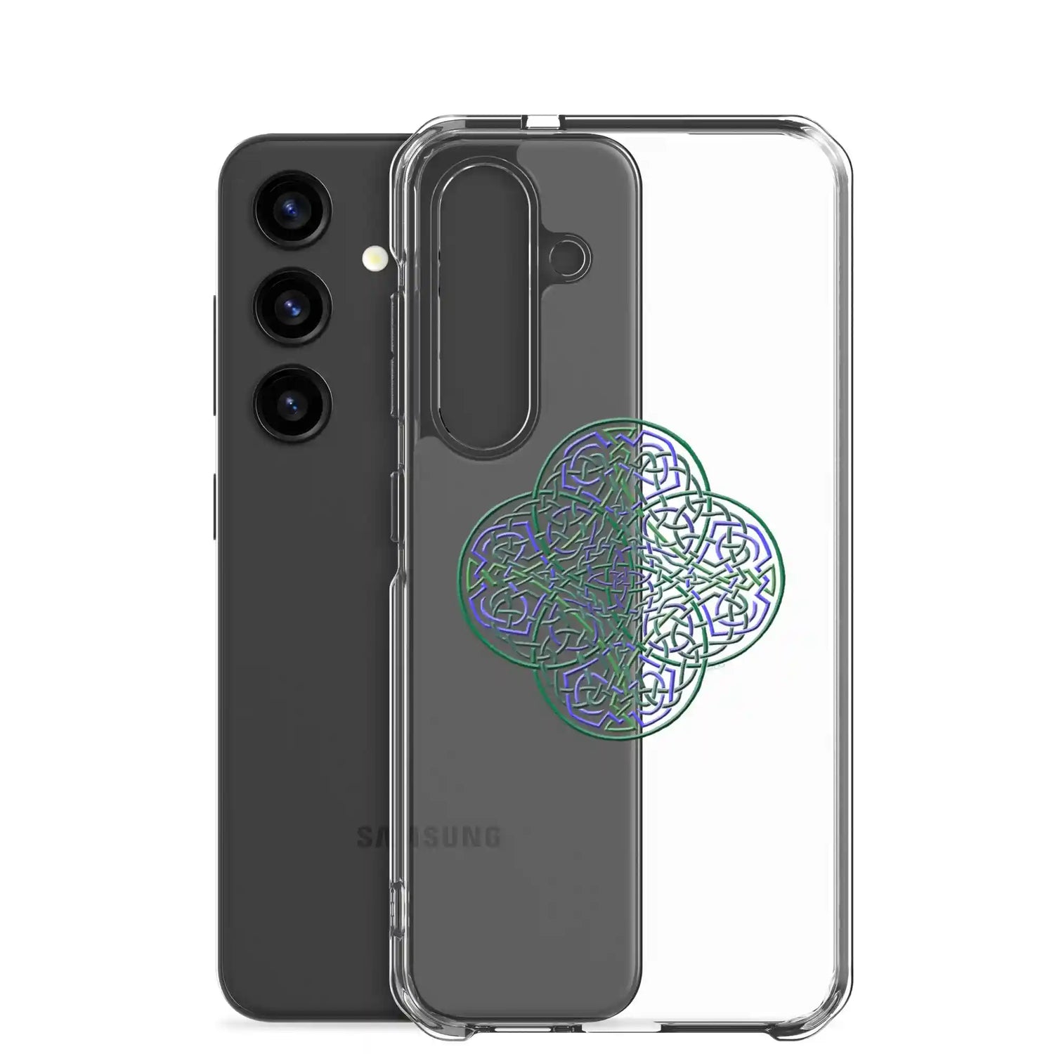 A Samsung Galaxy S24 behind a Xigfireon clear phone case featuring the Living Colour iteration of the Reach Of The Spirit Celtic knot design. The Reach Of The Spirit Celtic knot design symbolizes Mother Earth.