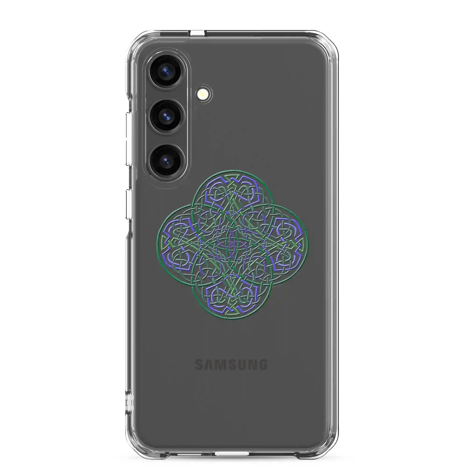 A Samsung Galaxy S24 Plus with a Xigfireon clear phone case featuring the Living Colour iteration of the Reach Of The Spirit Celtic knot design. The Reach Of The Spirit Celtic knot design represents Mother Earth.