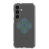 A Samsung Galaxy S24 Plus with a Xigfireon clear phone case featuring the Living Colour iteration of the Reach Of The Spirit Celtic knot design. The Reach Of The Spirit Celtic knot design represents Mother Earth.
