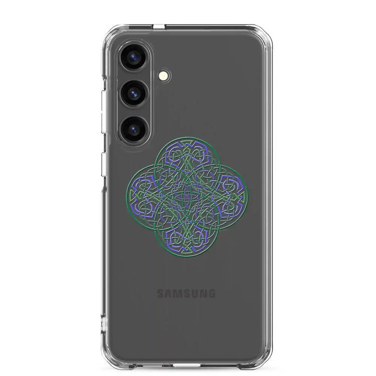 A Samsung Galaxy S24 Plus with a Xigfireon clear phone case featuring the Living Colour iteration of the Reach Of The Spirit Celtic knot design. The Reach Of The Spirit Celtic knot design represents Mother Earth.