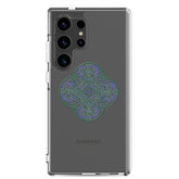 A Samsung Galaxy S24 Ultra with a Xigfireon clear phone case featuring the Living Colour iteration of the Reach Of The Spirit Celtic knot design. The Reach Of The Spirit Celtic knot design represents Mother Earth.