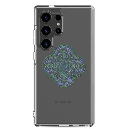 A Samsung Galaxy S24 Ultra with a Xigfireon clear phone case featuring the Living Colour iteration of the Reach Of The Spirit Celtic knot design. The Reach Of The Spirit Celtic knot design represents Mother Earth.