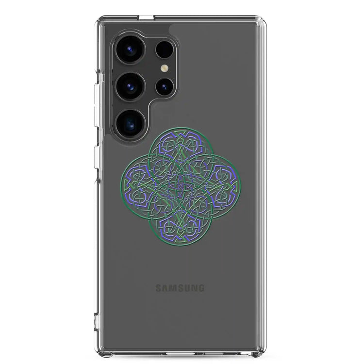 A Samsung Galaxy S24 Ultra with a Xigfireon clear phone case featuring the Living Colour iteration of the Reach Of The Spirit Celtic knot design. The Reach Of The Spirit Celtic knot design represents Mother Earth.