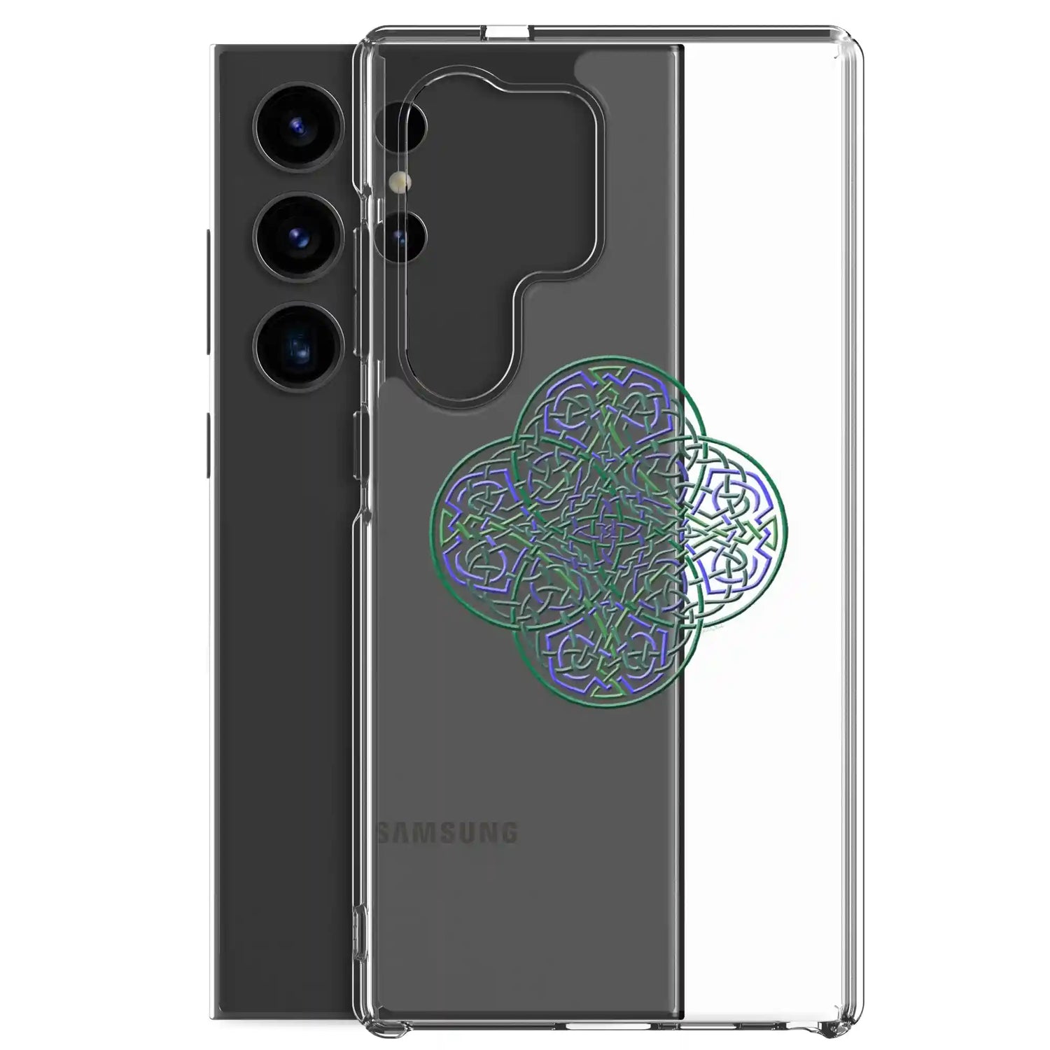 A Samsung Galaxy S24 Ultra behind a Xigfireon clear phone case featuring the Living Colour iteration of the Reach Of The Spirit Celtic knot design. The Reach Of The Spirit Celtic knot design symbolizes Mother Earth.
