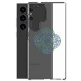 A Samsung Galaxy S24 Ultra behind a Xigfireon clear phone case featuring the Living Colour iteration of the Reach Of The Spirit Celtic knot design. The Reach Of The Spirit Celtic knot design symbolizes Mother Earth.