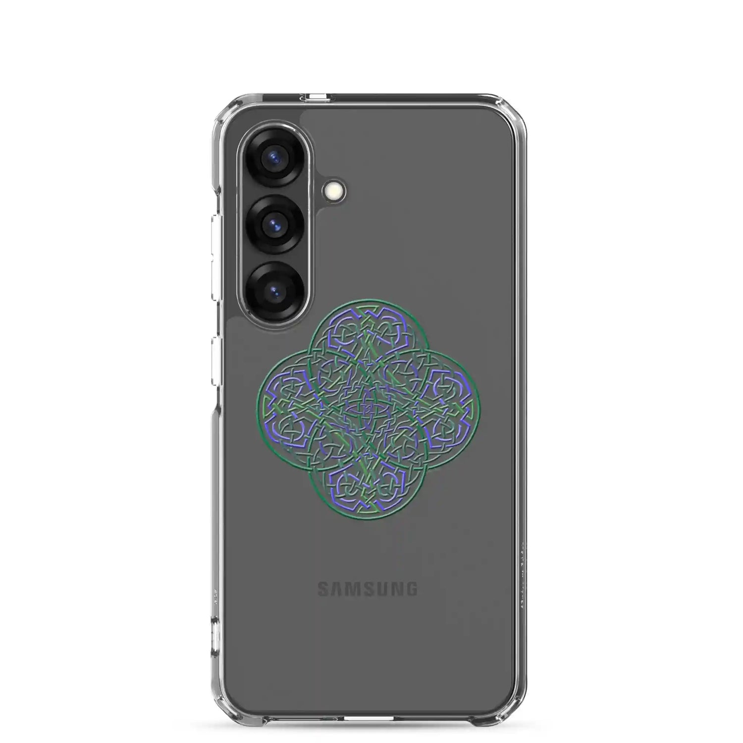 A Samsung Galaxy S25 with a Xigfireon clear phone case featuring the Living Colour iteration of the Reach Of The Spirit Celtic knot design. The Reach Of The Spirit Celtic knot design represents Mother Earth.
