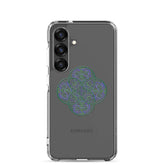 A Samsung Galaxy S25 with a Xigfireon clear phone case featuring the Living Colour iteration of the Reach Of The Spirit Celtic knot design. The Reach Of The Spirit Celtic knot design represents Mother Earth.