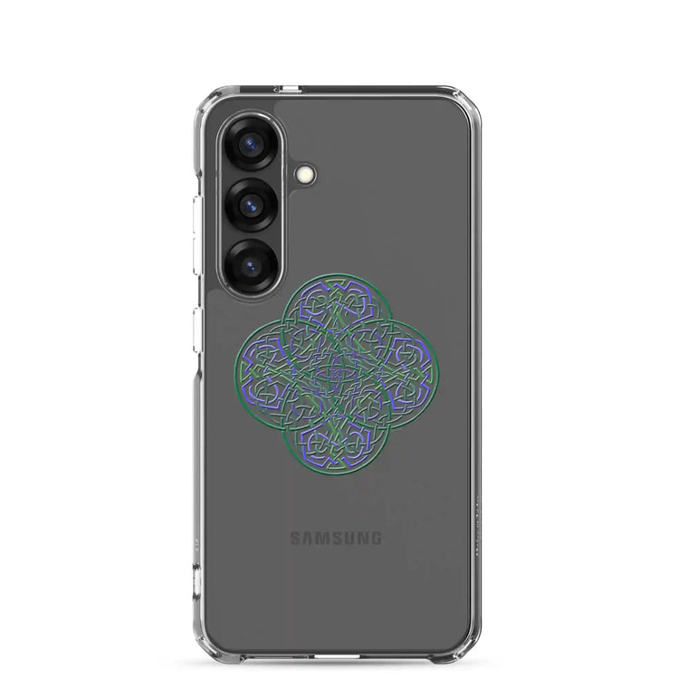 A Samsung Galaxy S25 with a Xigfireon clear phone case featuring the Living Colour iteration of the Reach Of The Spirit Celtic knot design. The Reach Of The Spirit Celtic knot design represents Mother Earth.
