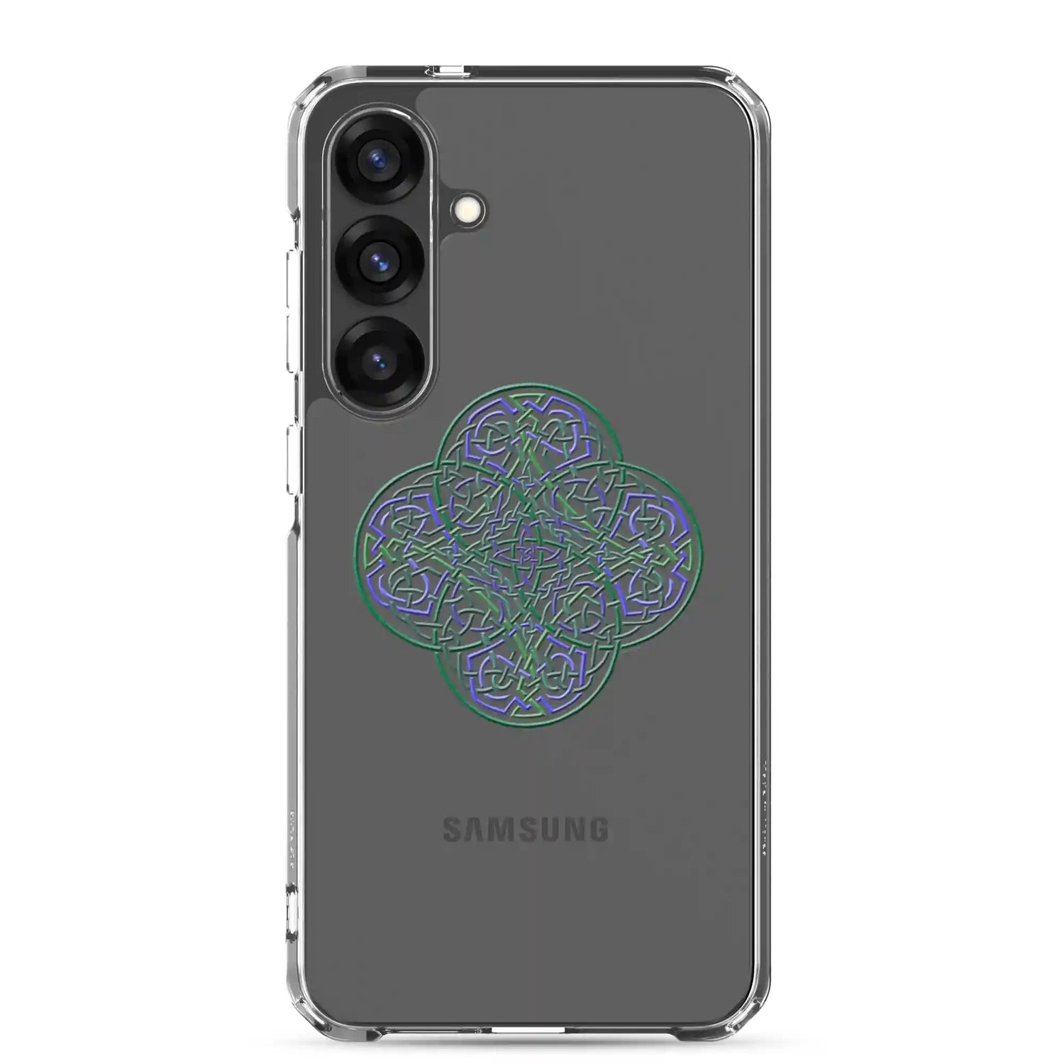 A Samsung Galaxy S25 Plus with a Xigfireon clear phone case featuring the Living Colour iteration of the Reach Of The Spirit Celtic knot design. The Reach Of The Spirit Celtic knot design represents Mother Earth.