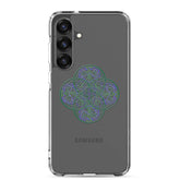 A Samsung Galaxy S25 Plus with a Xigfireon clear phone case featuring the Living Colour iteration of the Reach Of The Spirit Celtic knot design. The Reach Of The Spirit Celtic knot design represents Mother Earth.