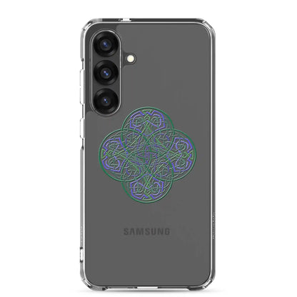 A Samsung Galaxy S25 Plus with a Xigfireon clear phone case featuring the Living Colour iteration of the Reach Of The Spirit Celtic knot design. The Reach Of The Spirit Celtic knot design represents Mother Earth.