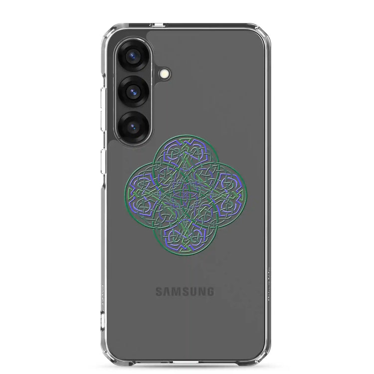A Samsung Galaxy S25 Plus with a Xigfireon clear phone case featuring the Living Colour iteration of the Reach Of The Spirit Celtic knot design. The Reach Of The Spirit Celtic knot design represents Mother Earth.
