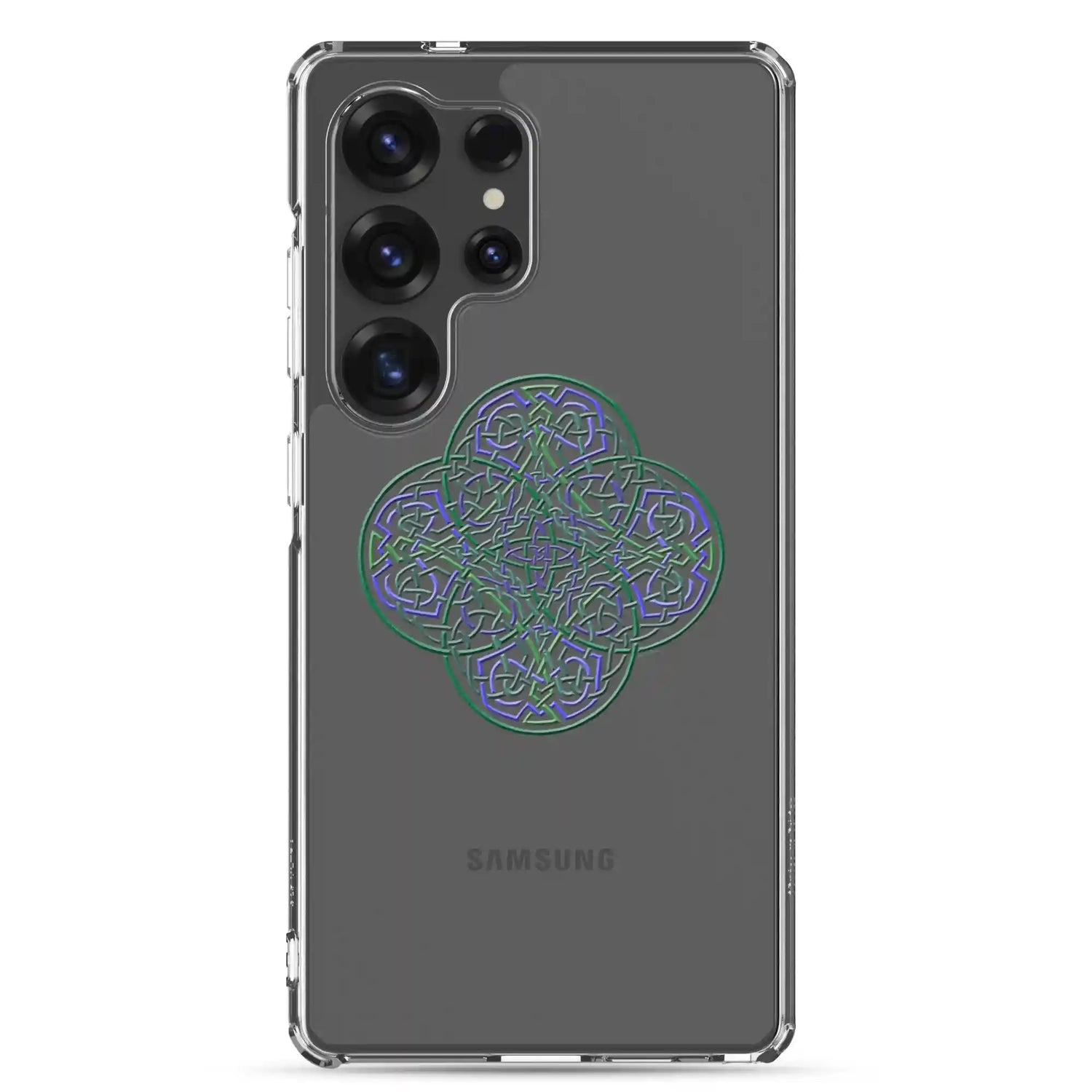 A Samsung Galaxy S25 Ultra with a Xigfireon clear phone case featuring the Living Colour iteration of the Reach Of The Spirit Celtic knot design. The Reach Of The Spirit Celtic knot design represents Mother Earth.
