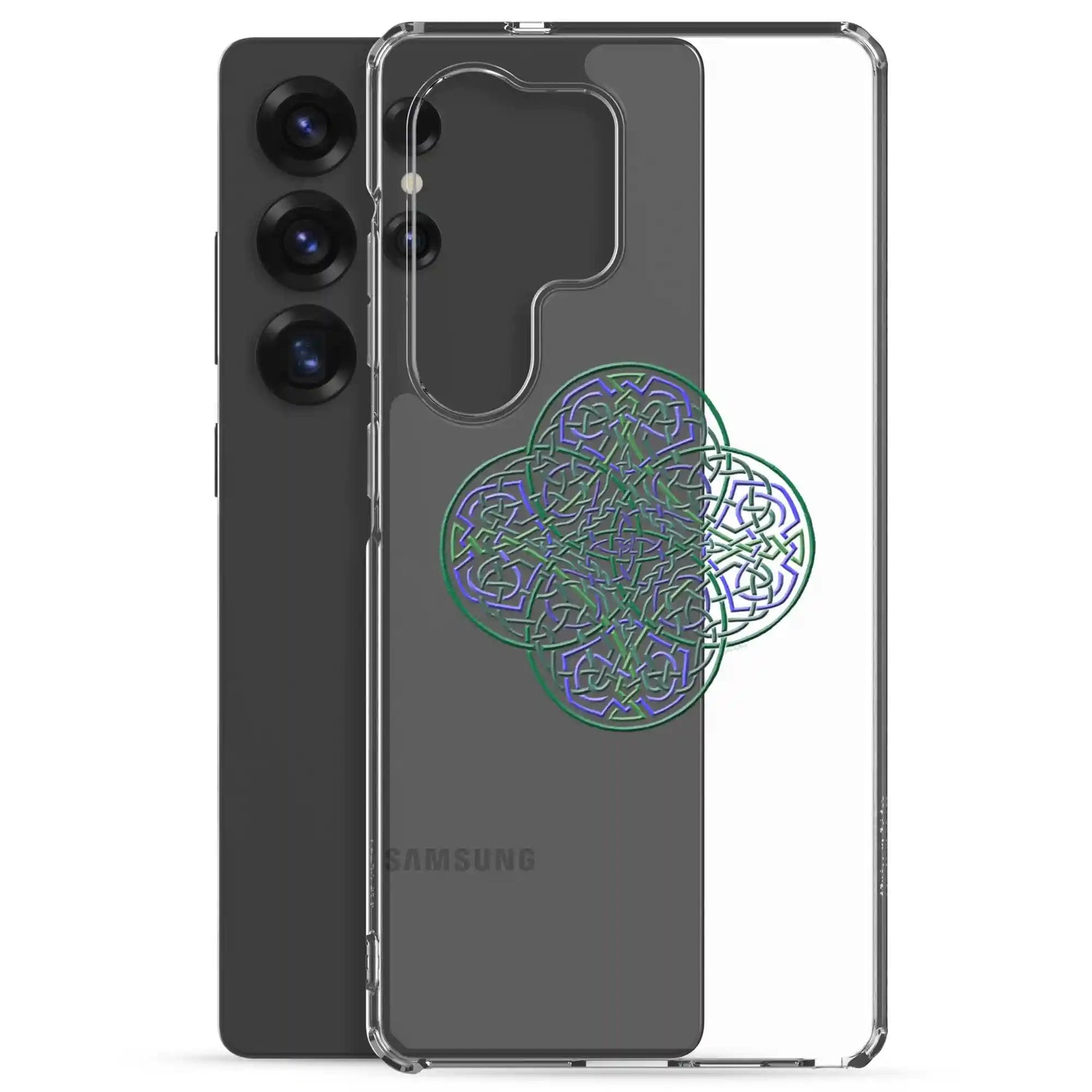A Samsung Galaxy S25 Ultra behind a Xigfireon clear phone case featuring the Living Colour iteration of the Reach Of The Spirit Celtic knot design. The Reach Of The Spirit Celtic knot design symbolizes Mother Earth.