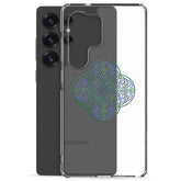 A Samsung Galaxy S25 Ultra behind a Xigfireon clear phone case featuring the Living Colour iteration of the Reach Of The Spirit Celtic knot design. The Reach Of The Spirit Celtic knot design symbolizes Mother Earth.