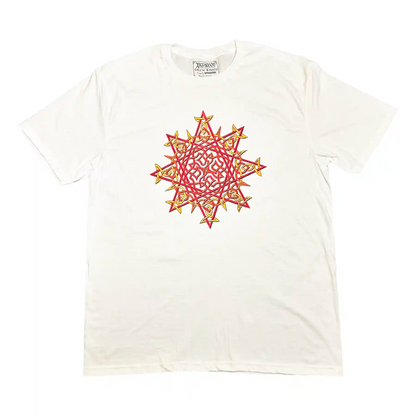 A white Xigfireon graphic t-shirt featuring a screen printed version of the Fire Colour iteration of the Morning Star Fire Celtic knot design.