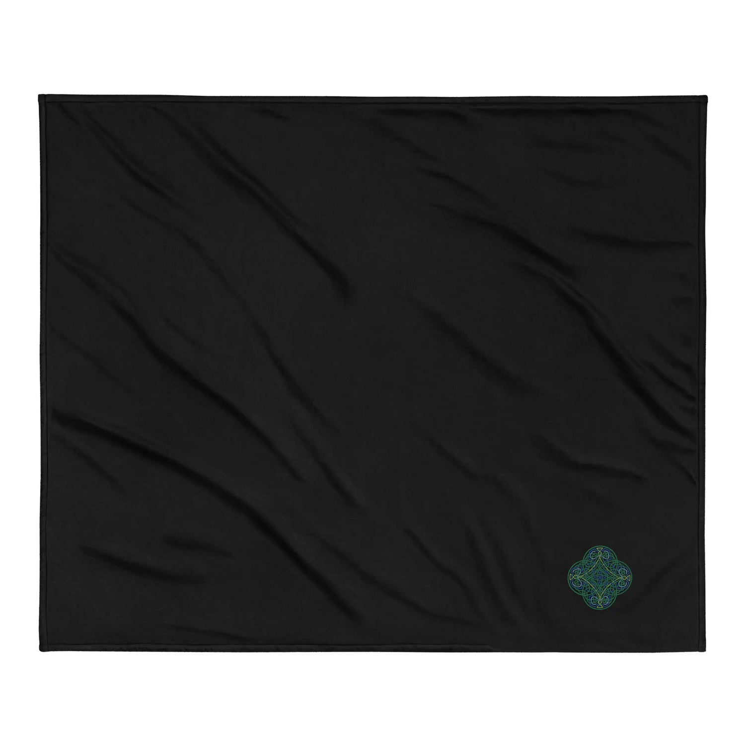 A black Xigfireon sherpa blanket embroidered with the Living Colour iteration of the Reach Of The Spirit Celtic knot design.
