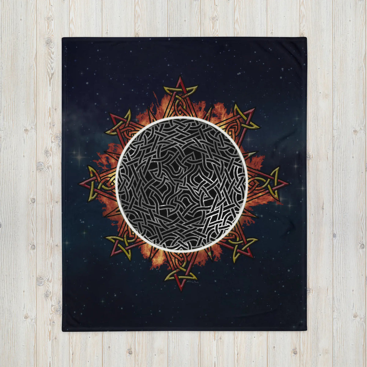 A 50 inch by 60 inch Xigfireon throw blanket featuring the Eclipsed iteration of the Morning Star Fire Celtic knot design. Inspired by the 2023 Annular Solar Eclipse.
