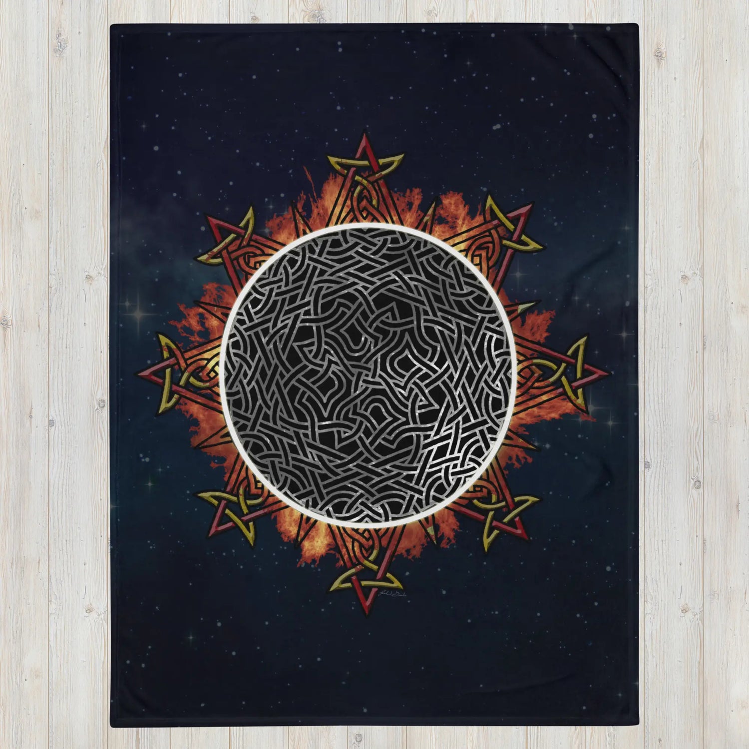 A 60 inch by 80 inch Xigfireon throw blanket featuring the Eclipsed iteration of the Morning Star Fire Celtic knot design. Inspired by the 2023 Annular Solar Eclipse.