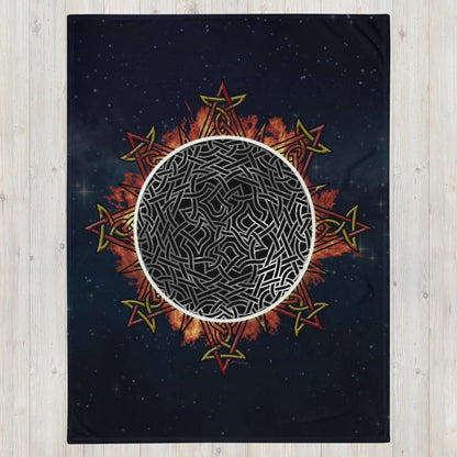 A 60 inch by 80 inch Xigfireon throw blanket featuring the Eclipsed iteration of the Morning Star Fire Celtic knot design. Inspired by the 2023 Annular Solar Eclipse.