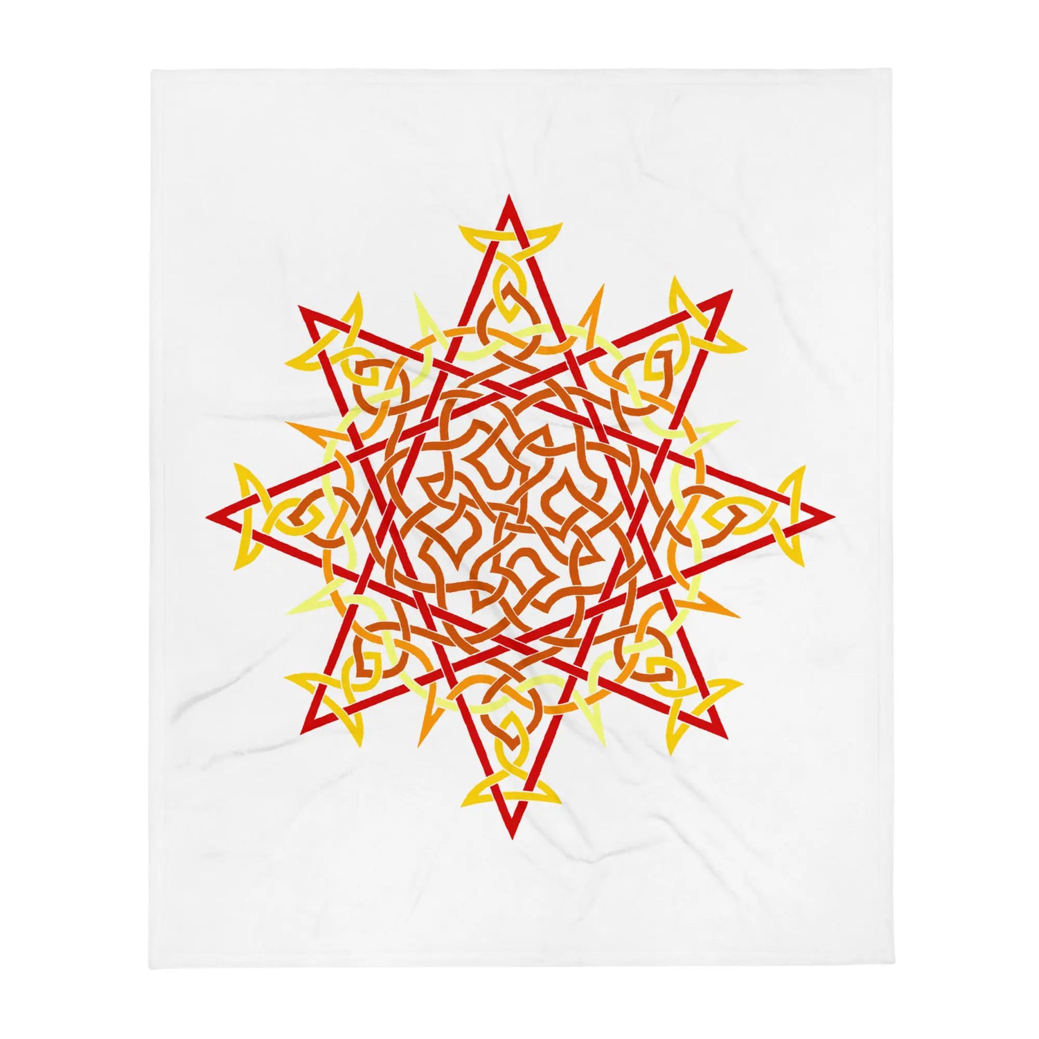 A 50 inch by 60 inch Xigfireon throw blanket featuring the Fire Colour Flat iteration of the Morning Star Fire Celtic knot design. The Morning Star Fire Celtic knot represents the Sun.