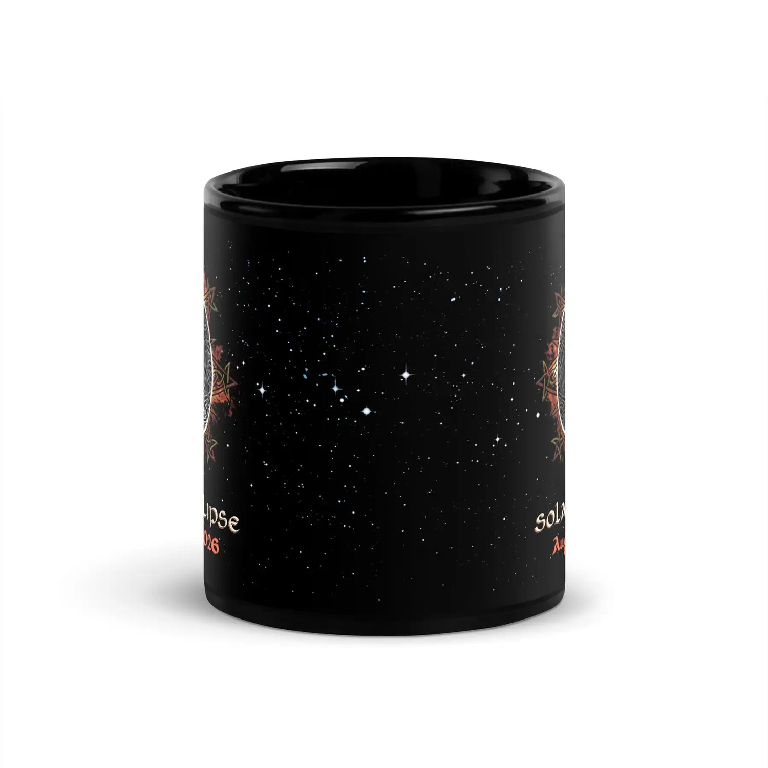 11oz black ceramic mug showing a starry space design with white stars and small orange celestial illustrations seen on the left and right sides, shown on a clean white background.