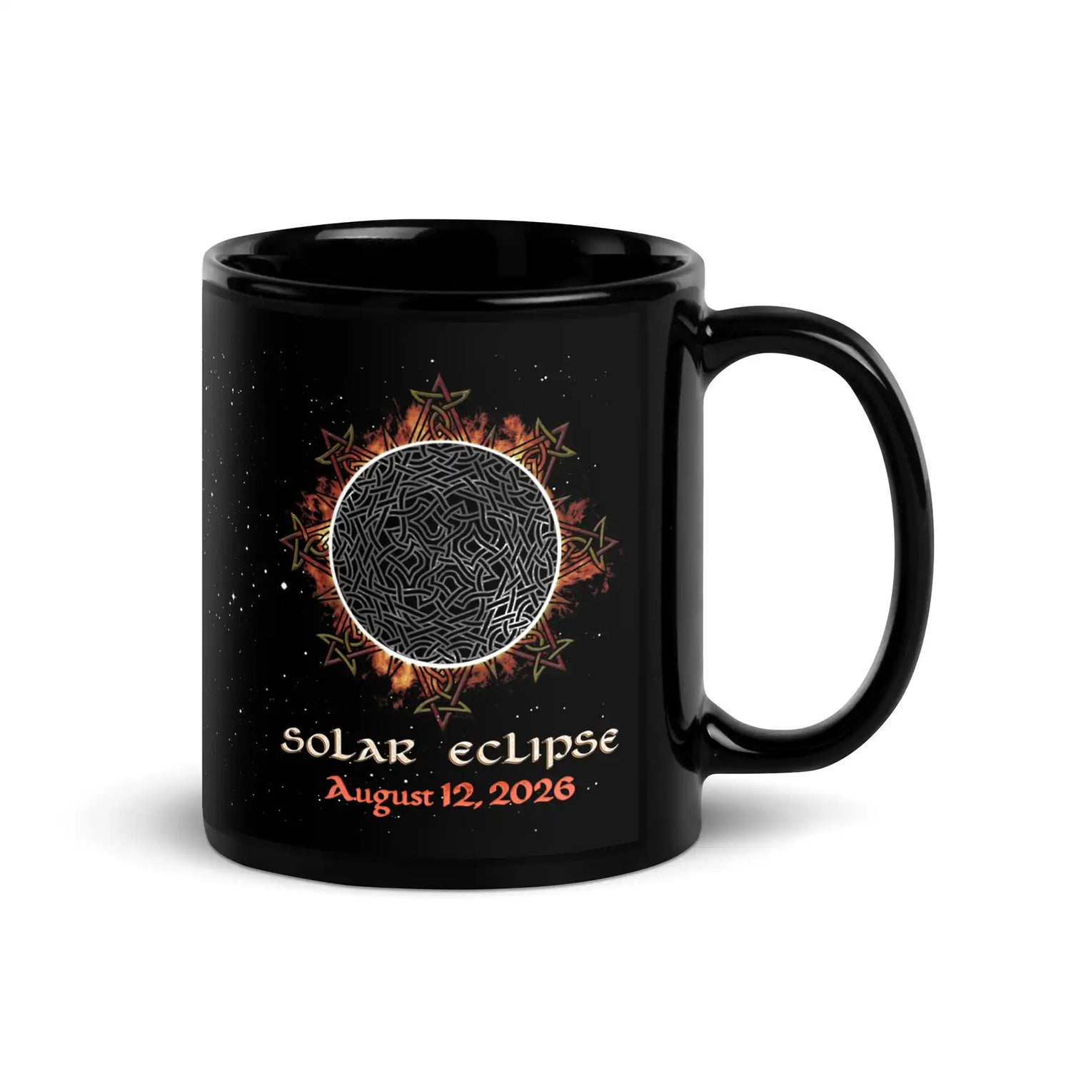 11oz black ceramic mug featuring a Celtic knot solar eclipse design, orange and red starburst details, and the text &