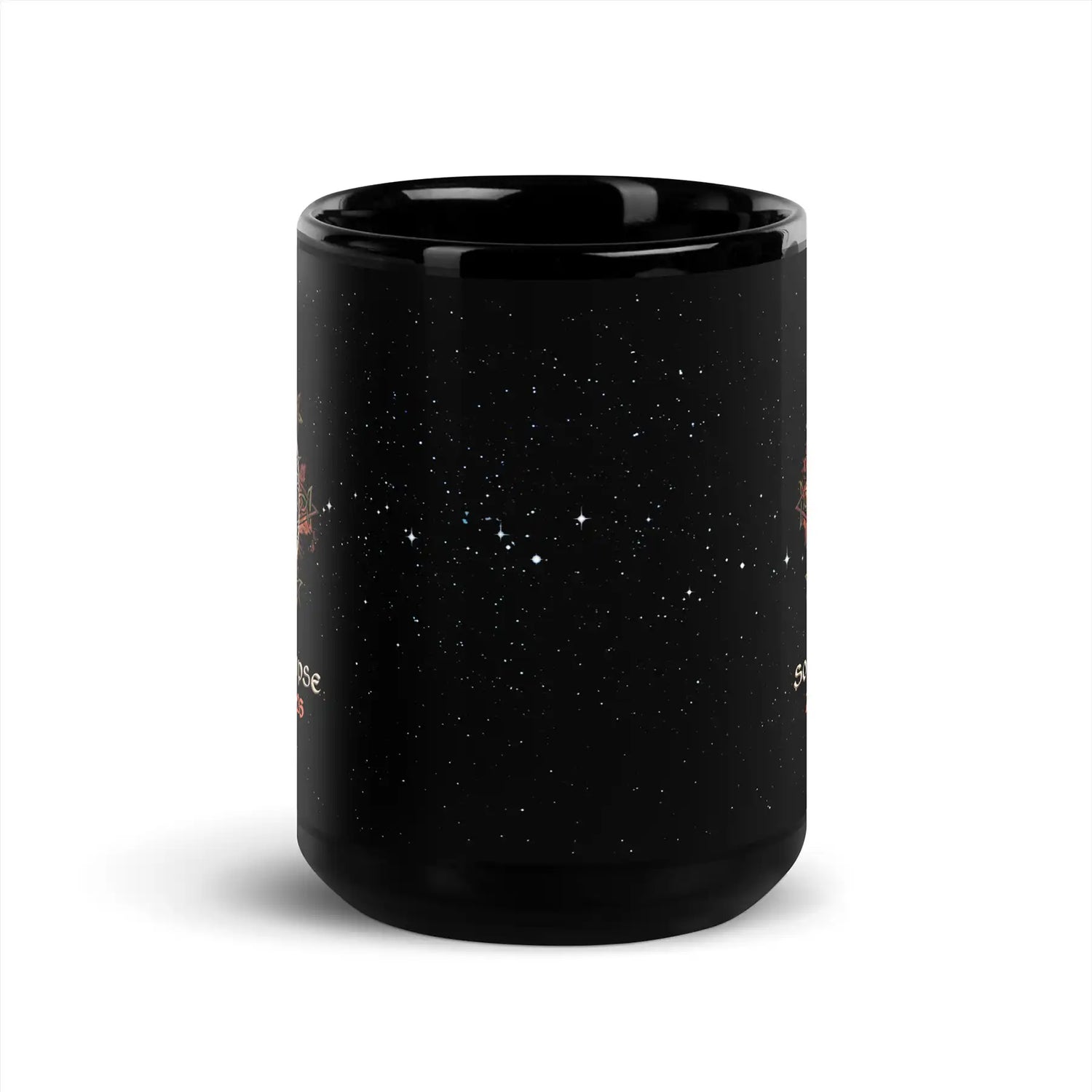 15oz black ceramic mug showing a starry space design with white stars and small orange celestial illustrations seen on the left and right sides, shown on a clean white background.
