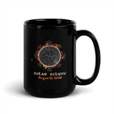 15oz black ceramic mug by Xigfireon featuring a Celtic knot solar eclipse design, orange and red starburst details, and the text &