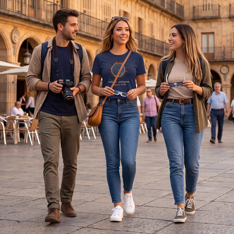 Three people walking together in a sunny outdoor plaza with historic stone buildings in the background. The central woman wears a navy blue graphic T-shirt, blue jeans, and white sneakers, with a brown crossbody bag.