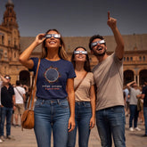 Three people wearing white solar eclipse viewing glasses stand in a public square, looking upward. The woman on the left wears a navy blue graphic T-shirt with a solar eclipse print and blue jeans, while the other two wear casual beige and tan tops with blue jeans.