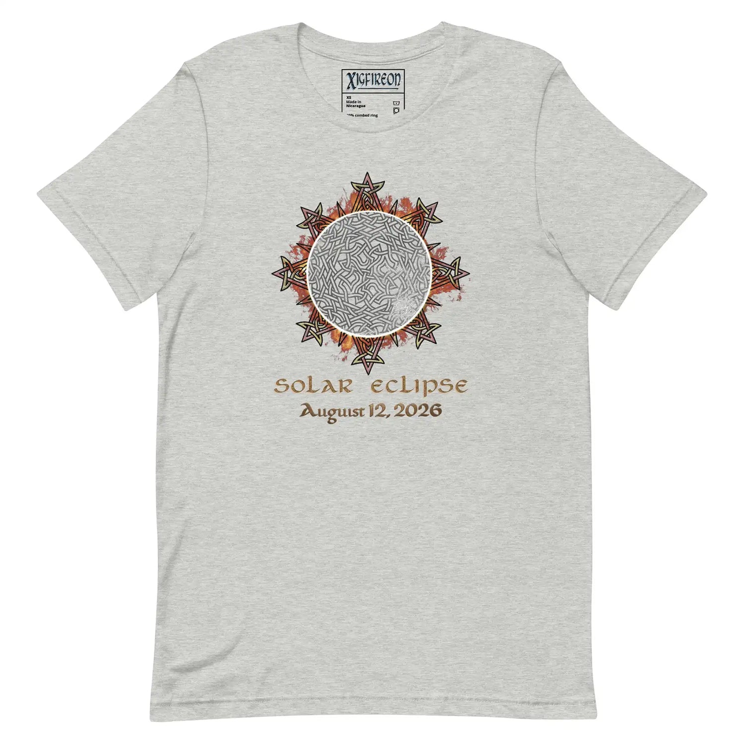 Xigfireon Solar Eclipse August 12, 2026 commemorative t-shirt in athletic heather grey featuring the Morning Star Fire Eclipsed Celtic knot design with original hand-drawn eclipse-inspired artwork and text that reads &