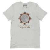 Xigfireon Solar Eclipse August 12, 2026 commemorative t-shirt in athletic heather grey featuring the Morning Star Fire Eclipsed Celtic knot design with original hand-drawn eclipse-inspired artwork and text that reads &