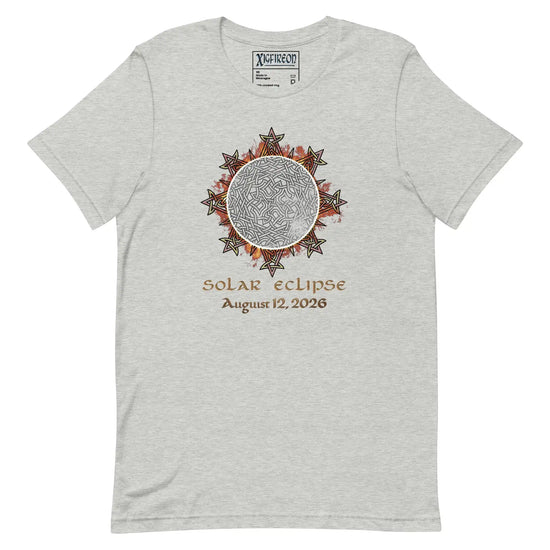 Xigfireon Solar Eclipse August 12, 2026 commemorative t-shirt in athletic heather grey featuring the Morning Star Fire Eclipsed Celtic knot design with original hand-drawn eclipse-inspired artwork and text that reads &