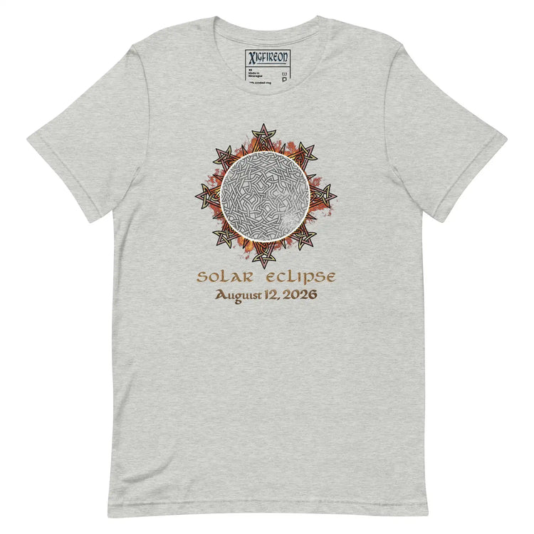 Xigfireon Solar Eclipse August 12, 2026 commemorative t-shirt in athletic heather grey featuring the Morning Star Fire Eclipsed Celtic knot design with original hand-drawn eclipse-inspired artwork and text that reads &