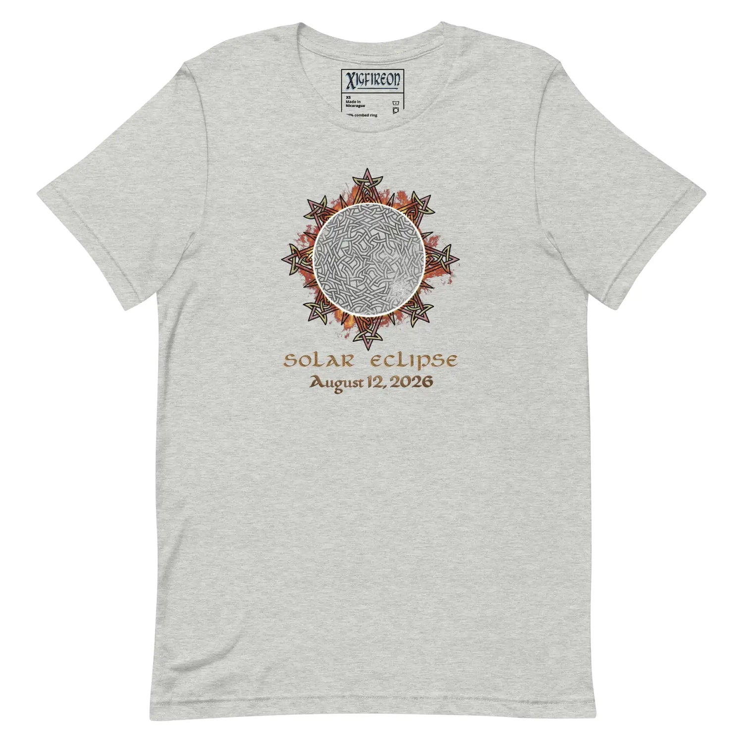 Xigfireon Solar Eclipse August 12, 2026 commemorative t-shirt in athletic heather grey featuring the Morning Star Fire Eclipsed Celtic knot design with original hand-drawn eclipse-inspired artwork and text that reads &
