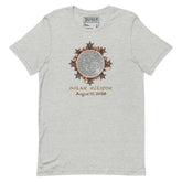 Xigfireon Solar Eclipse August 12, 2026 commemorative t-shirt in athletic heather grey featuring the Morning Star Fire Eclipsed Celtic knot design with original hand-drawn eclipse-inspired artwork and text that reads &